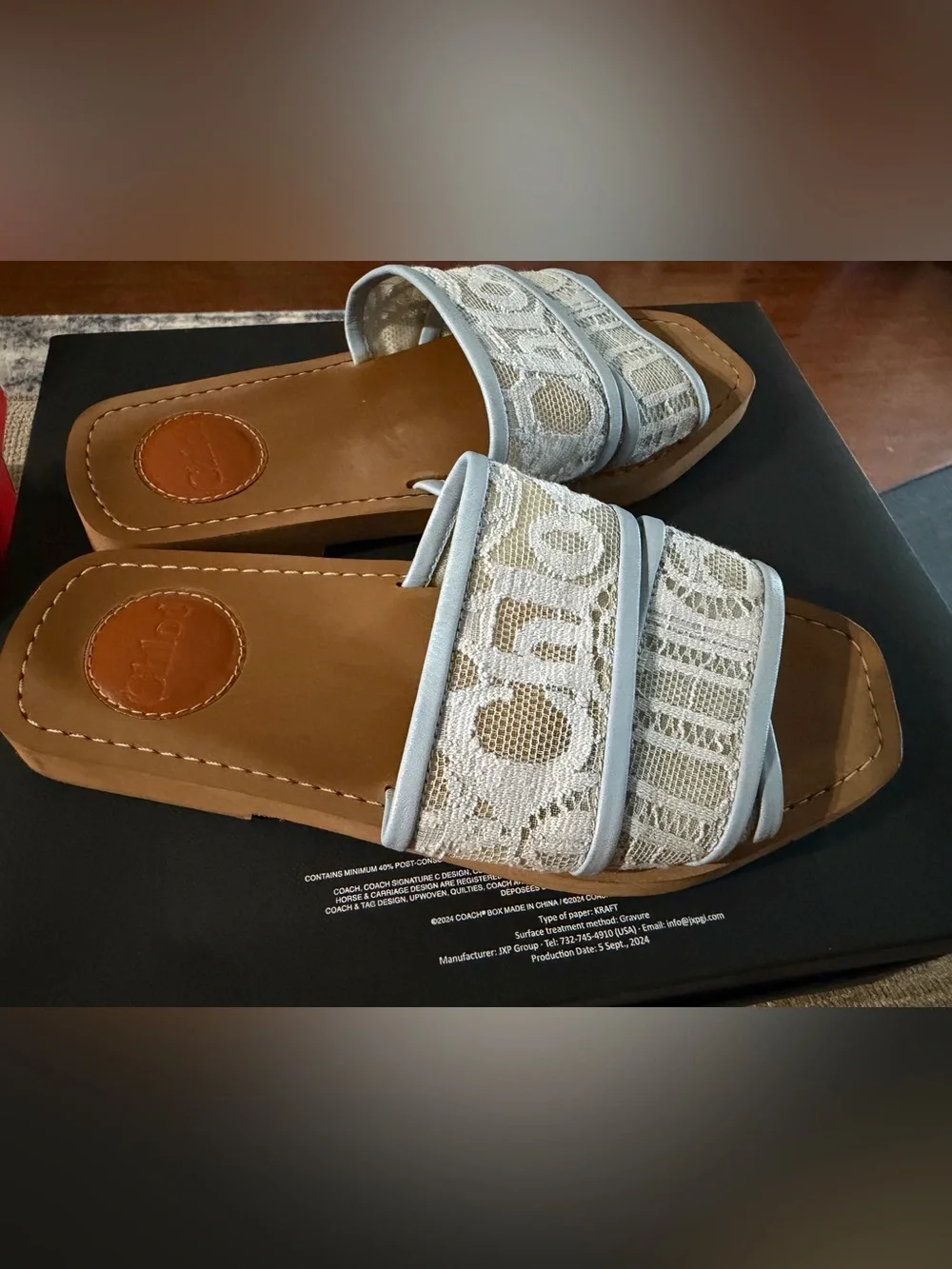 Chloe Light Blue Lace Logo Slide Sandals